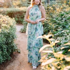 Pastel Floral Green Halter Formal Dress